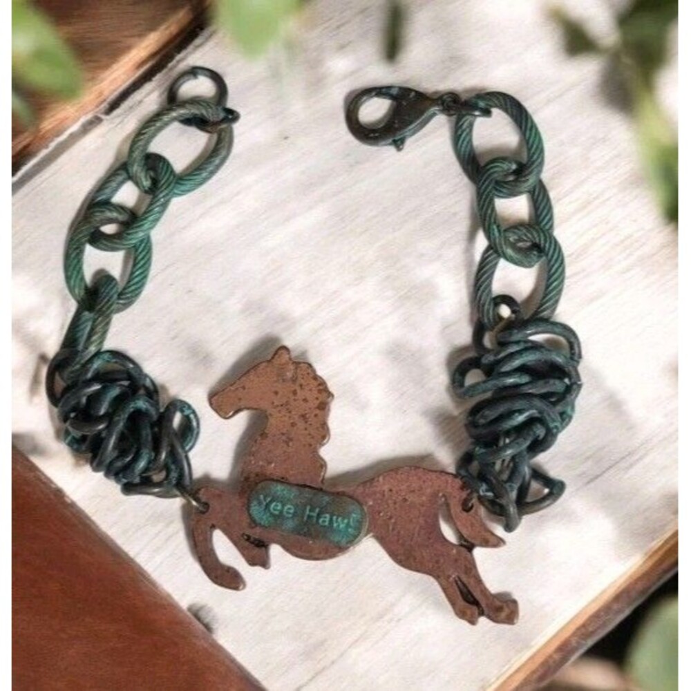Rustic Copper Tone Horse  Green Patina Cable Link Bracelet Yee Haw 7" & Stretch